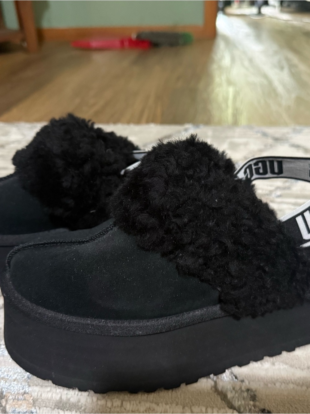 UGG Black Shearling Platform Slingback Slippers